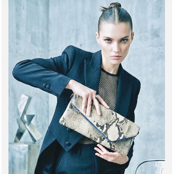 henri bendel Handbags - Henri Bendel Black and Gray Snakeskin Clutch w green inner lining 11” x 5”